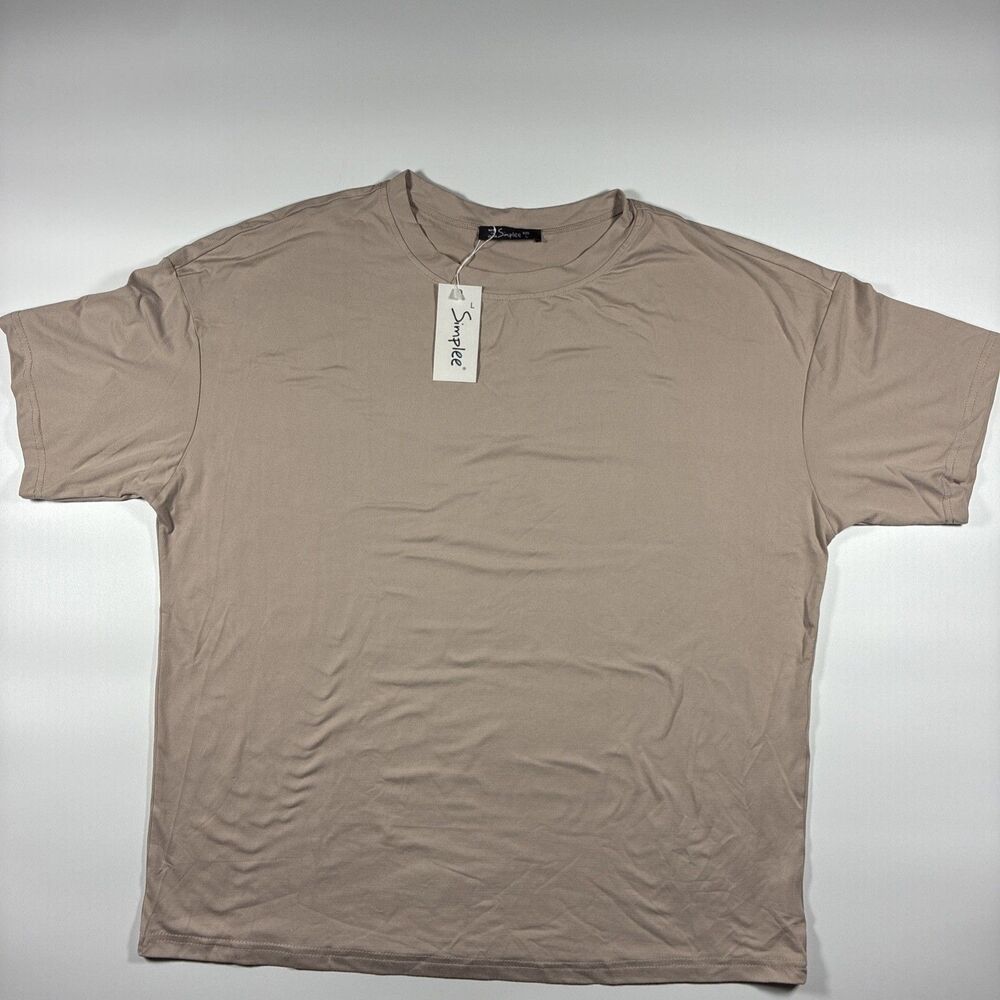 New! Simplee Basic T-Shirt Womens Large Tan Beige Crew Neck Short Sleeve NWT